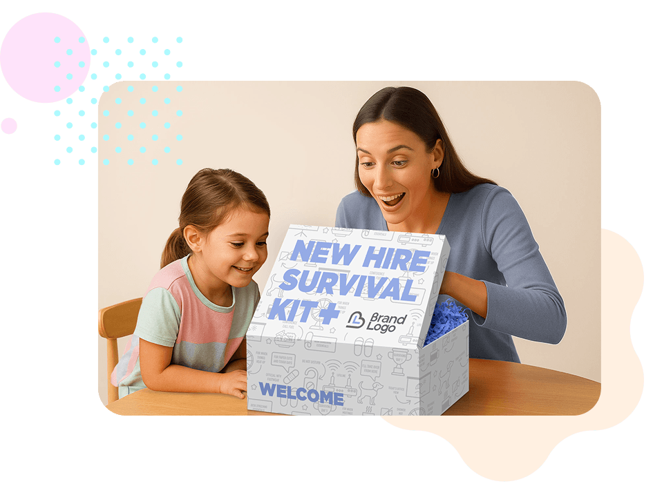 Excited woman opening a new hire survival kit corporate gift box with child, featuring branded welcome package for employee onboarding.